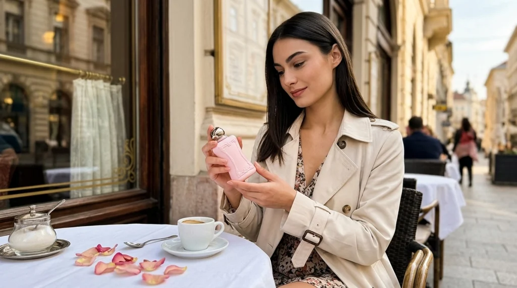 parfum de marly delina rózsa illat nő kávézóban tavaszi életkép