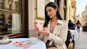 parfum de marly delina rózsa illat nő kávézóban tavaszi életkép